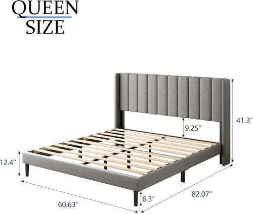 Vista 107 de Base de cama tamaño Queen con cabecera tapizada con respaldo de ala, plataforma de fácil montaje, soporte de listones de madera, no necesita somier