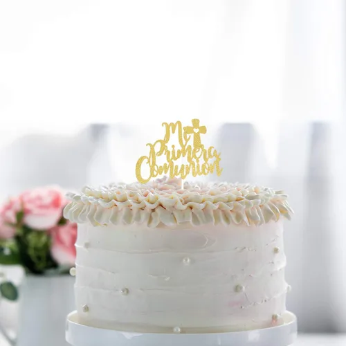 Vista 6 de Mi Primera Comunión - Decoración para pastel de cruz con Dios Religioso que me bendiga – Decoración de primera comunión – Decoración de bautizo Mi