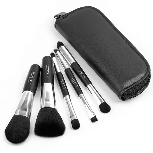 Juego de brochas de maquillaje de viaje con bolsa, 5 piezas de doble extremo portátil, mini brochas cosméticas para base, sombra de ojos, labios,