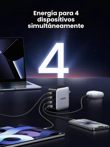 Vista 3 de UGREEN Nexode Cargador USB C GaN de 100W, Adaptador de Corriente Rápido Compacto Plegable de 4 Puertos para Cargador de Laptop para MacBook Pro/Air