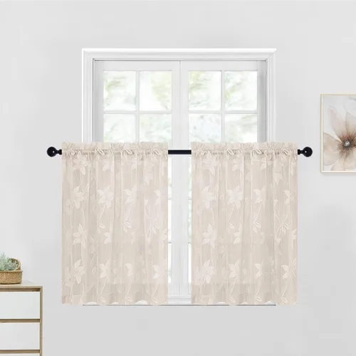 Vista 19 de DWCN Cortinas traslúcidas para cocina, bolsillo para barra de encaje floral beige, 52 x 36 pulgadas, 2 paneles Encaje Beige