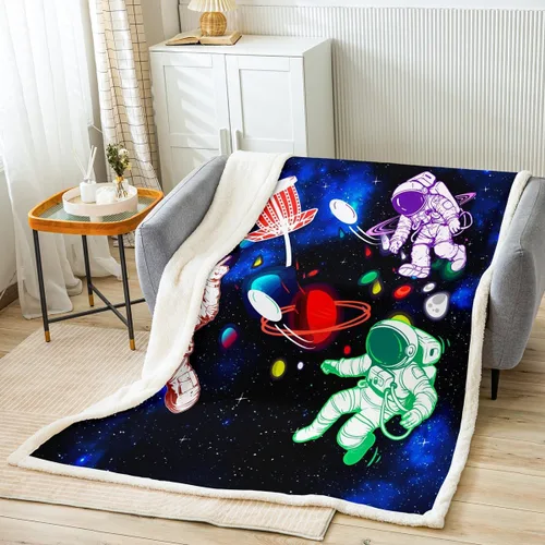 Manfei Astronaut Throw Blanket Galaxy Planet Airship Bed Blanket for Kids Boy Girls Room Decor, Outer Space Theme Blanket for Couch Sofa, Soft and