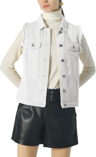 Vista 2 de ebossy Chaqueta de mezclilla desgastada sin mangas de color caramelo para mujer