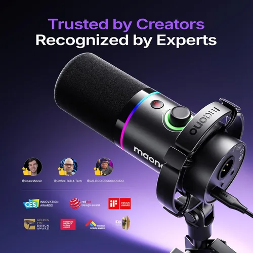 Vista 2 de MAONO XLR/USB - Micrófono dinámico para juegos RGB con software, silencio, perilla de ganancia, control de volumen y conector para auriculares