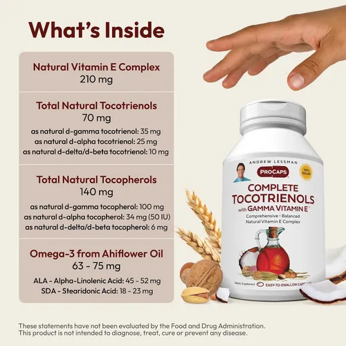 Vista 3 de ANDREW LESSMAN Tocotrienoles completos con Gamma Vitamina E 240 cápsulas blandas - Ocho Formas de Vitamina E