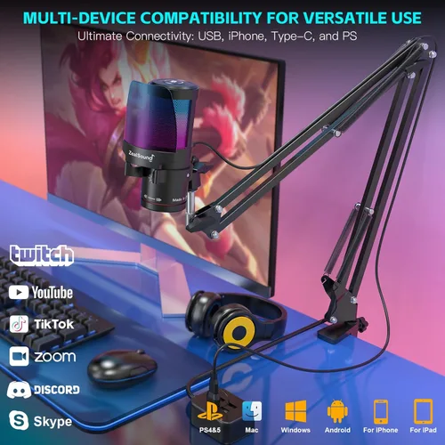 Vista 3 de ZealSound Micrófono USB para juegos para iPhone, micrófono de juegos con cancelación de ruido con silencio táctil, ganancia, monitoreo, brazo
