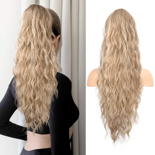 Vista 28 de Flufymooz - Extensión de cola de caballo de 26 pulgadas, extensiones de cabello con cordón para mujer, cola de caballo larga y rizada ondulada