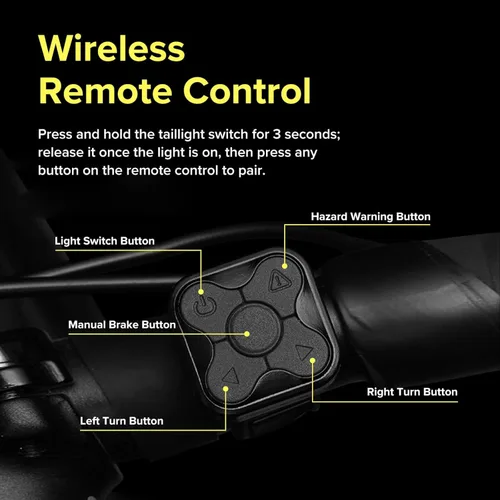 Vista 5 de Luz trasera inteligente para bicicleta con señales de giro, luz de detección automática de frenos, control remoto inalámbrico, luces traseras