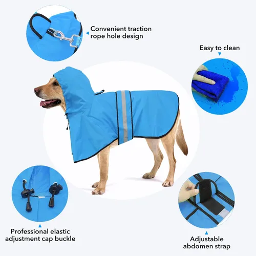 Vista 5 de Impermeables Reflectantes Impermeables para Perros - Chaqueta de Lluvia Ajustable para Cachorros, Chubasqueros Ligeros con Capucha para Perros