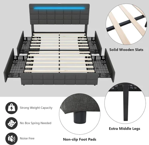 Vista 15 de KOMFOTT Base de cama individual con estación de carga y luces LED, base de cama de plataforma tapizada con cabecera ajustable y 4 cajones