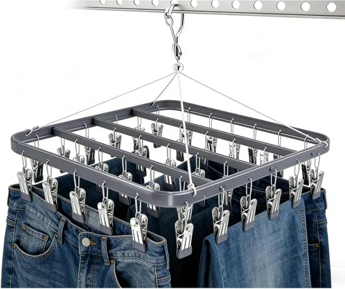 Vista 9 de Percha para pantalones de secado de ropa, perchas de metal con 36 clips, resistente al viento, colgador de ropa interior, clip plegable para jeans