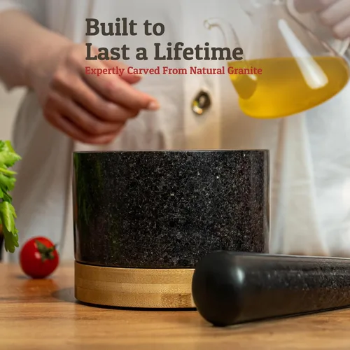 Vista 2 de Priority Chef Juego de mortero y mazo de alta resistencia con base de bambú, molinillo de piedra de granito 100% natural, tazón y machacador de Negro