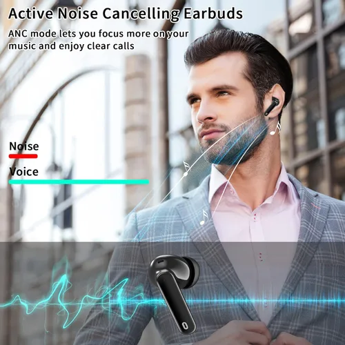 Vista 2 de Auriculares inalámbricos Bluetooth con cancelación activa de ruido, auriculares Bluetooth estéreo de alta fidelidad con funda de carga, auriculares