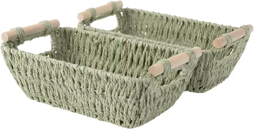 Vista 20 de StorageWorks Cesta redonda tejida de cuerda de papel con asas de madera para regalos, pequeñas cestas de mimbre para estante, beige, paquete de 2