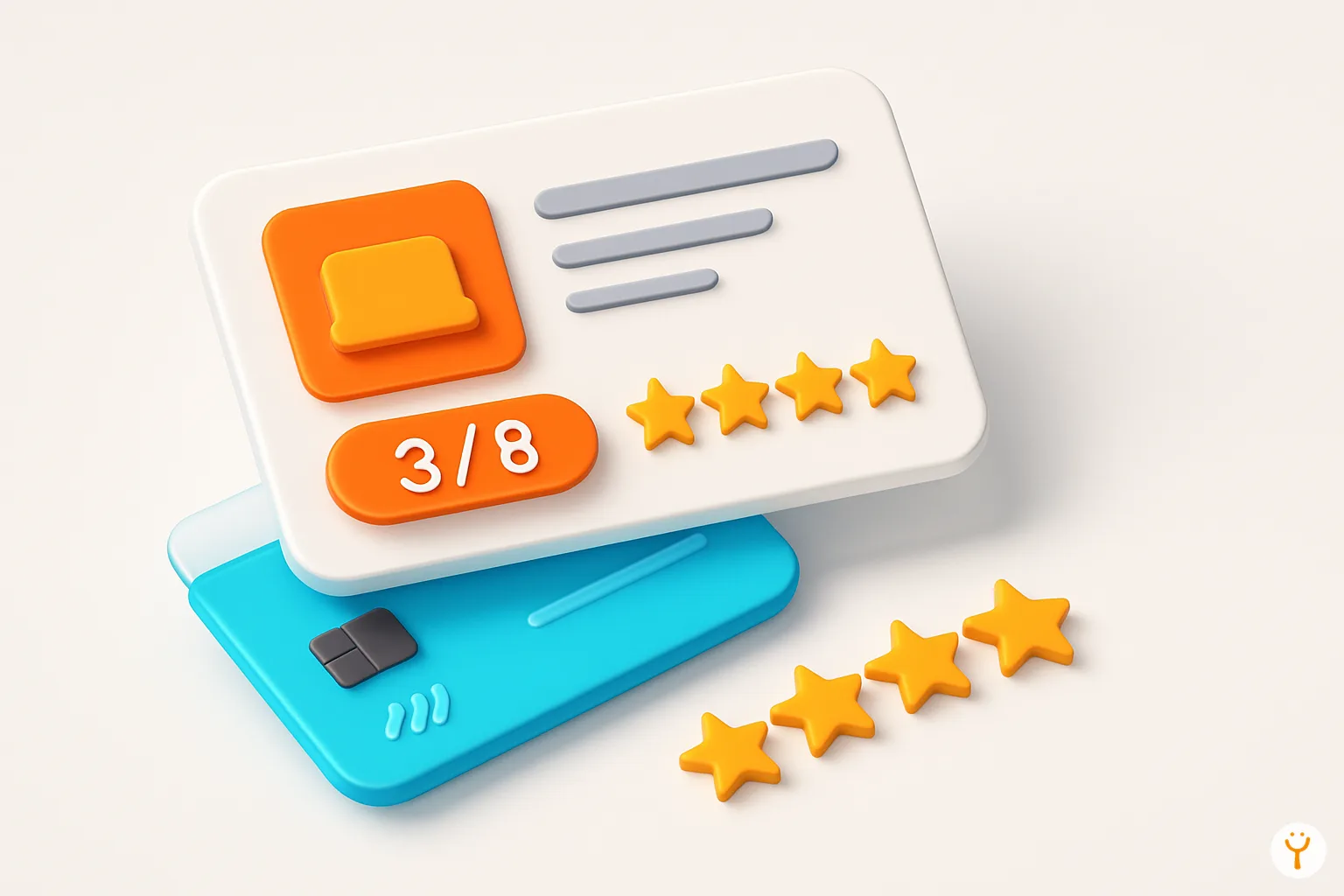 Ilustración de tarjetas de producto mostrando cuotas y estrellas de calificación